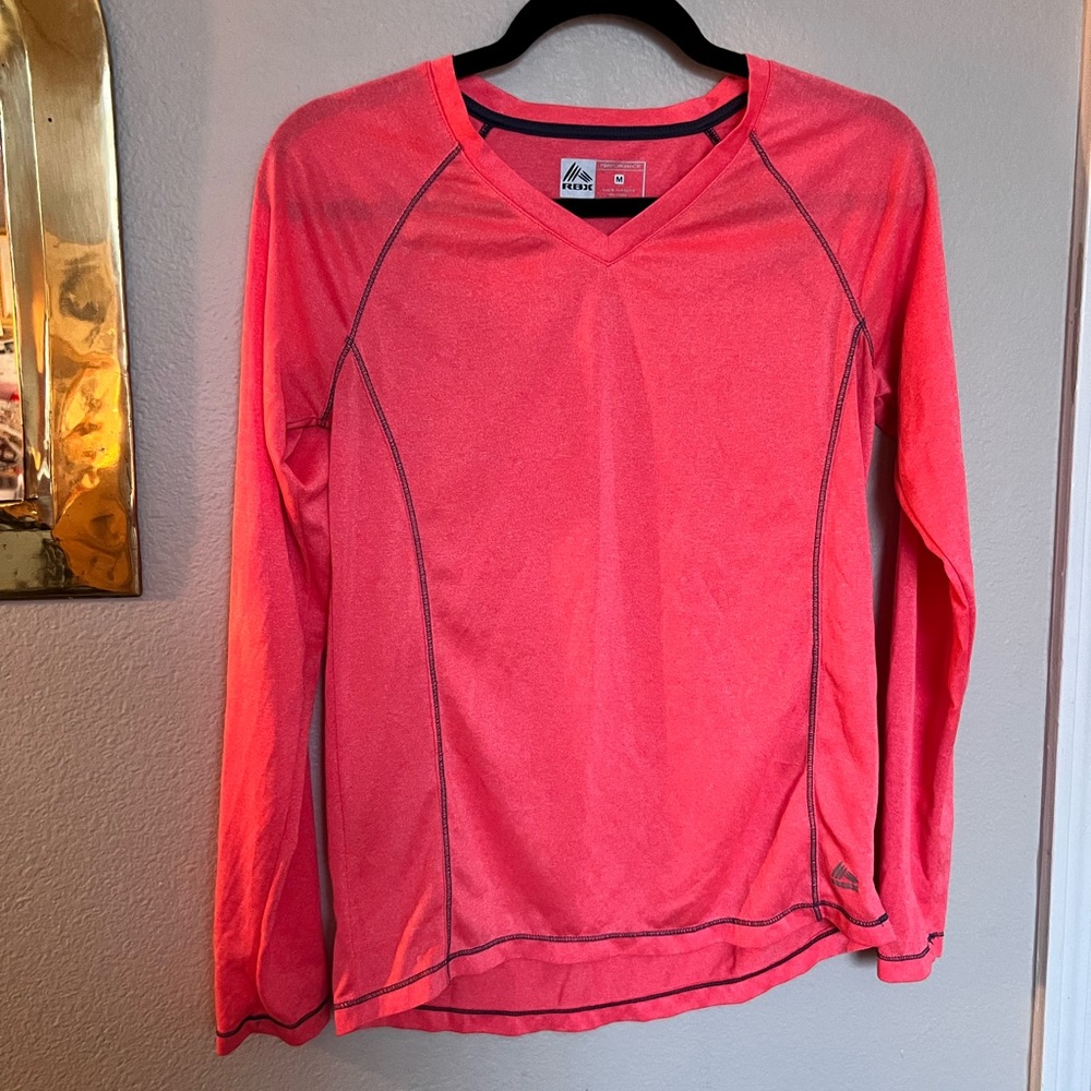 RBX Active - Coral / Pink water wicking long sleeve v neck activewear shirt